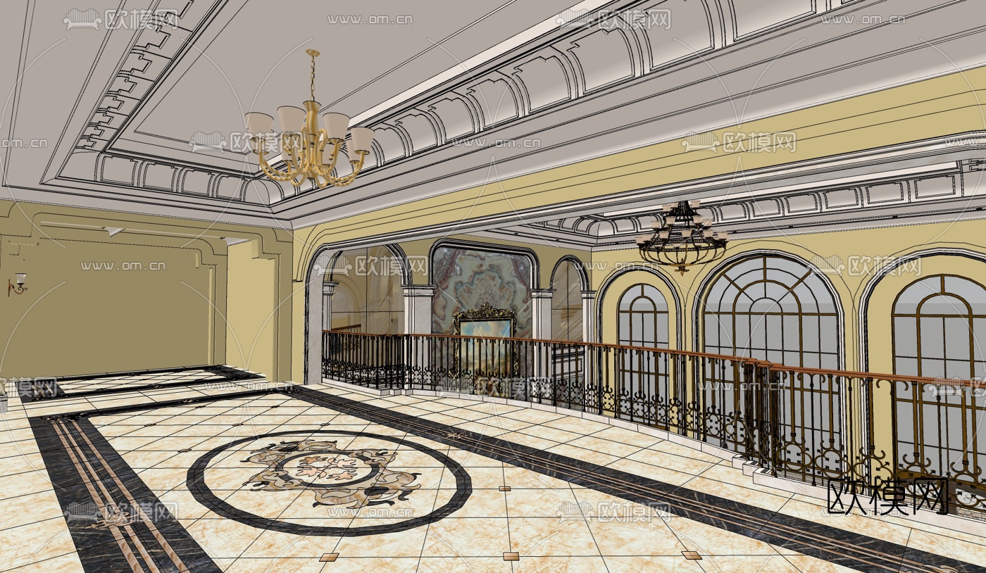 欧式别墅大厅su模型下载（渲染图1）