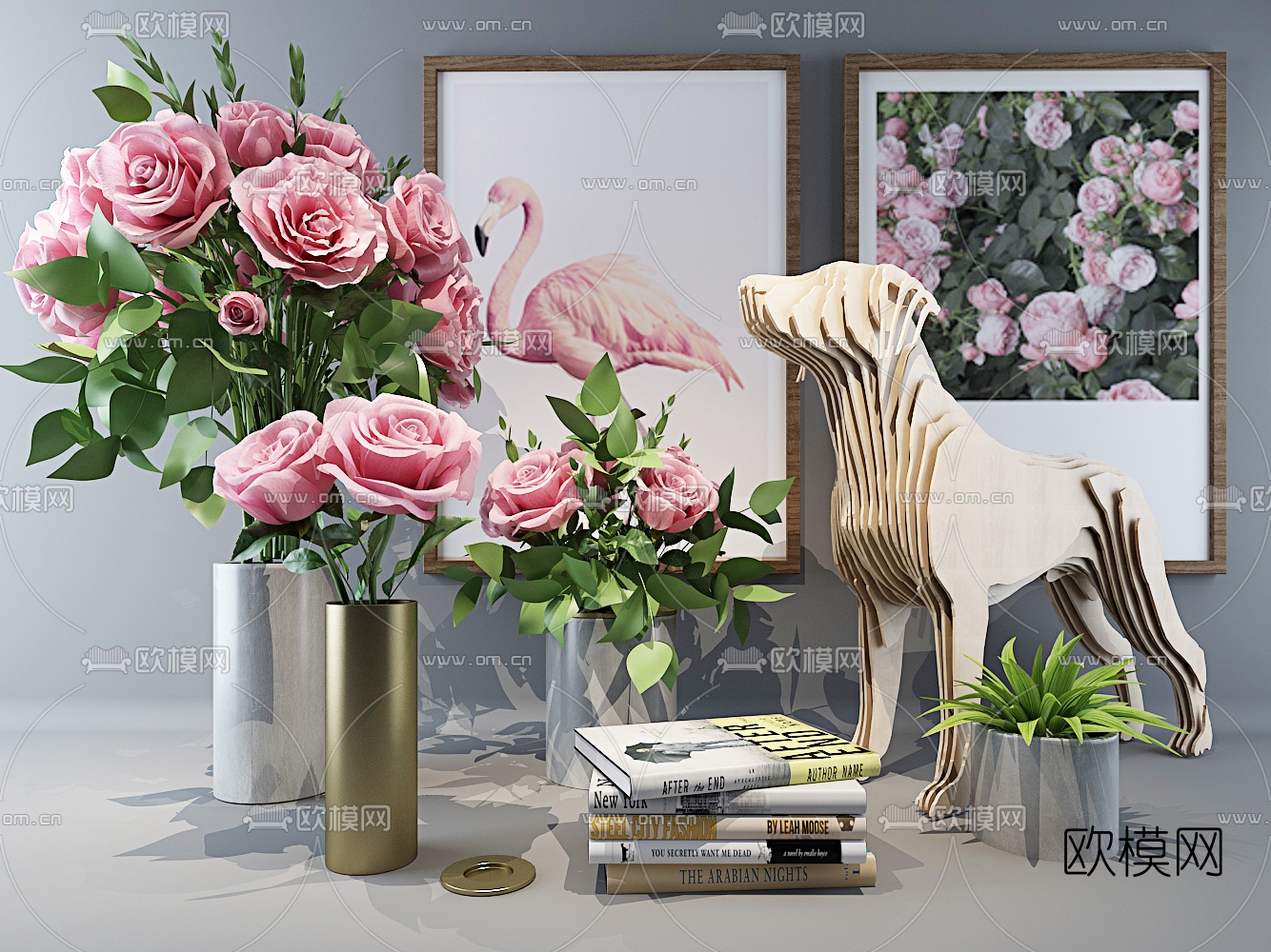 现代花艺书籍动物摆件组合3D模型下载