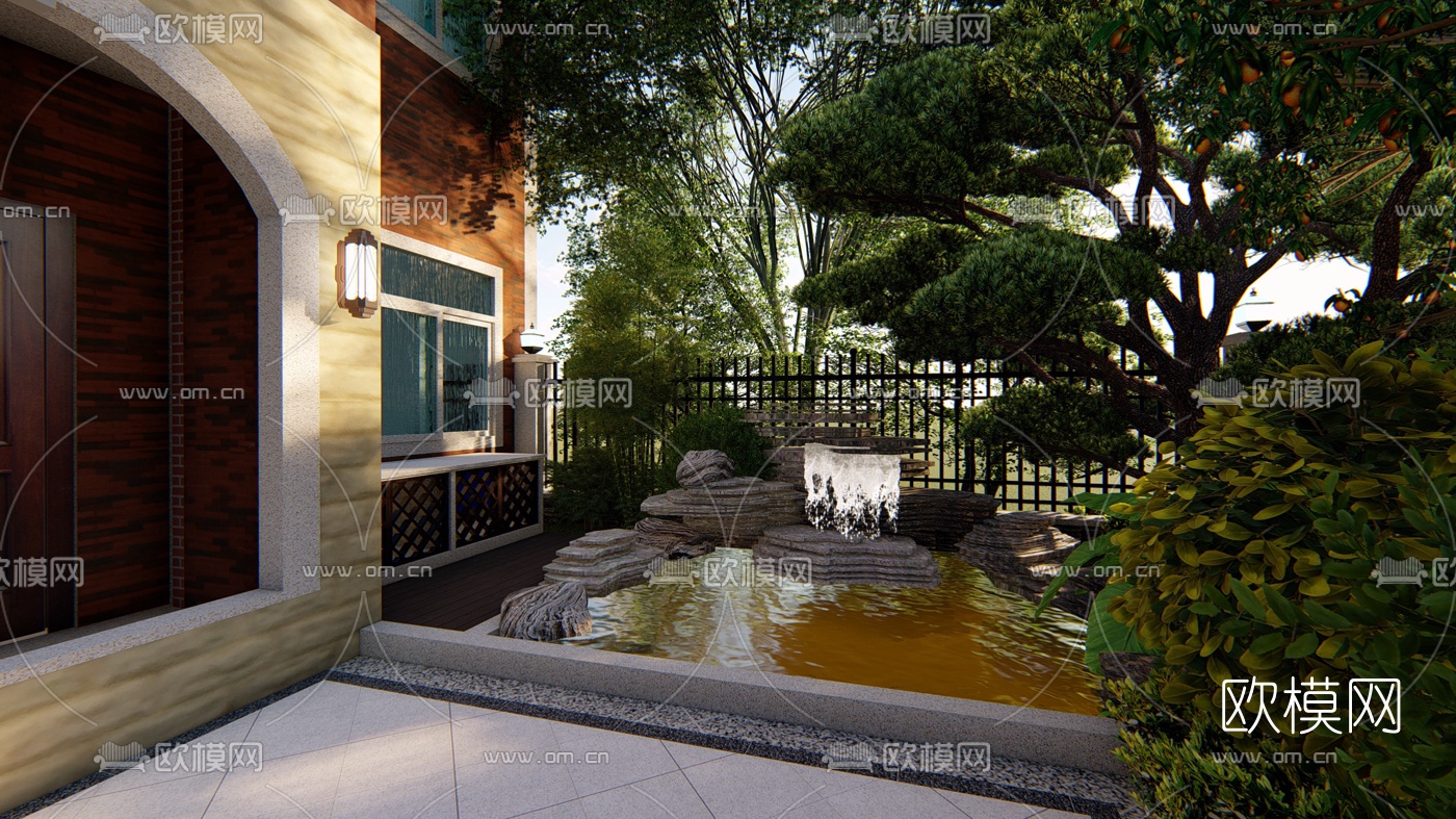 中式别墅庭院花园设计su模型下载（渲染图10）