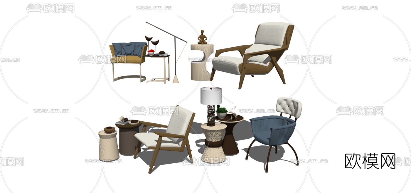 现代休闲椅边几组合su模型下载（渲染图1）