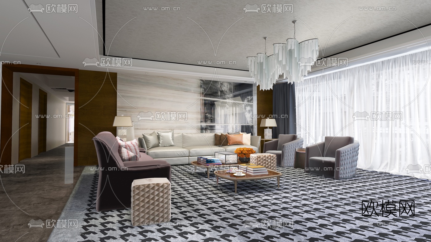布鲁盟 现代客厅宾利沙发组合3D模型下载（渲染图1）