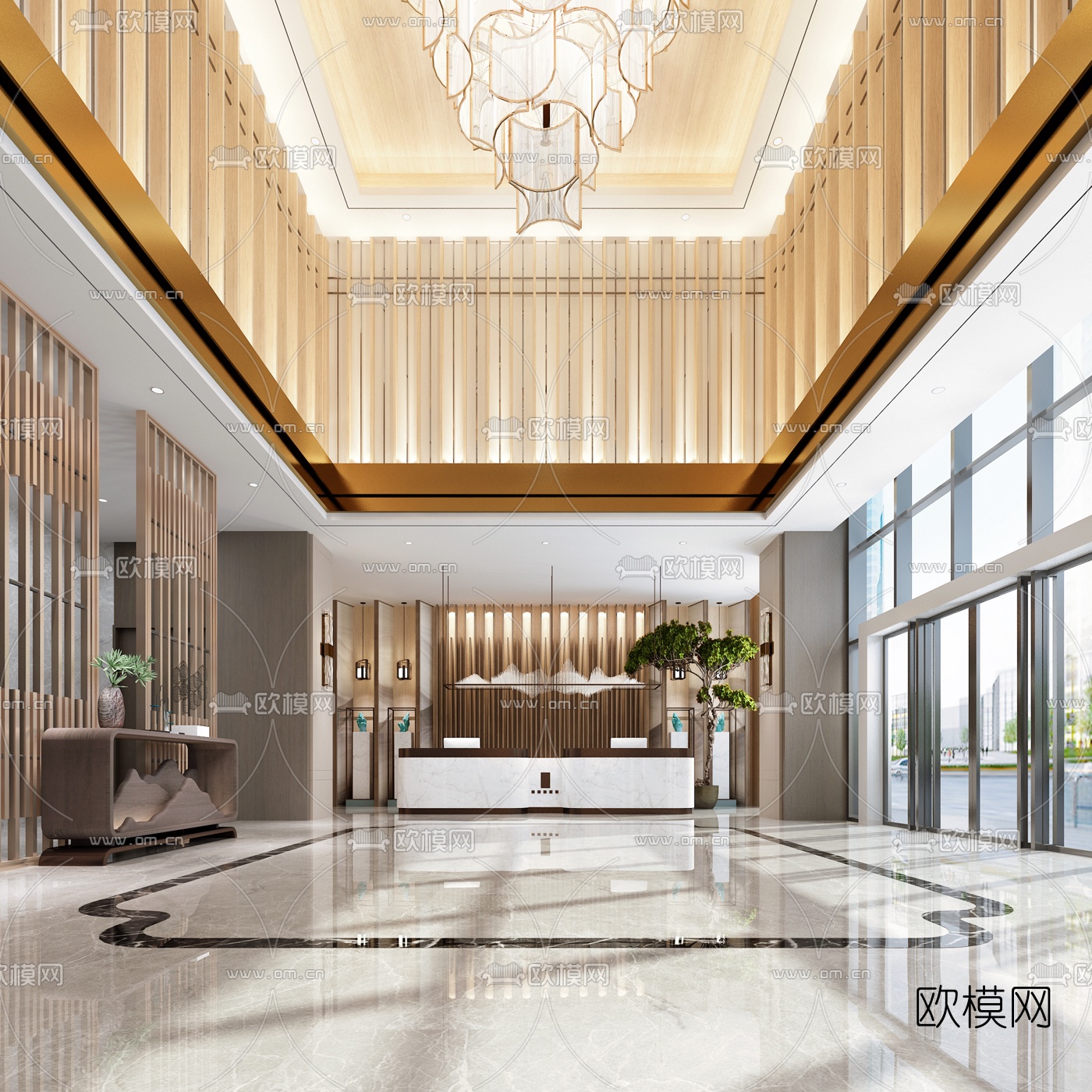 新中式酒店大堂休息区3d模型下载_ID10077638_3dmax免费模型-欧模网