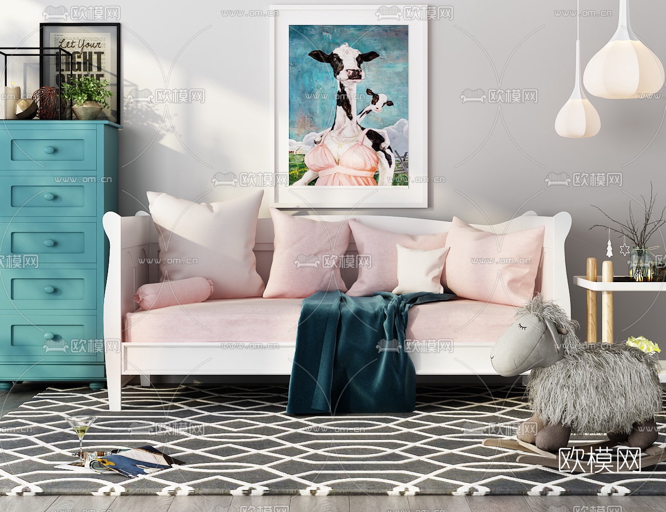 北欧沙发斗柜边几摆件组合3D模型下载