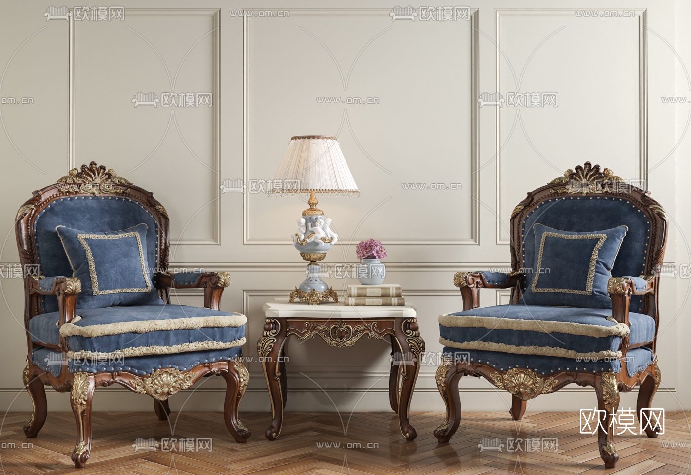 法式单椅边几摆件组合3D模型下载