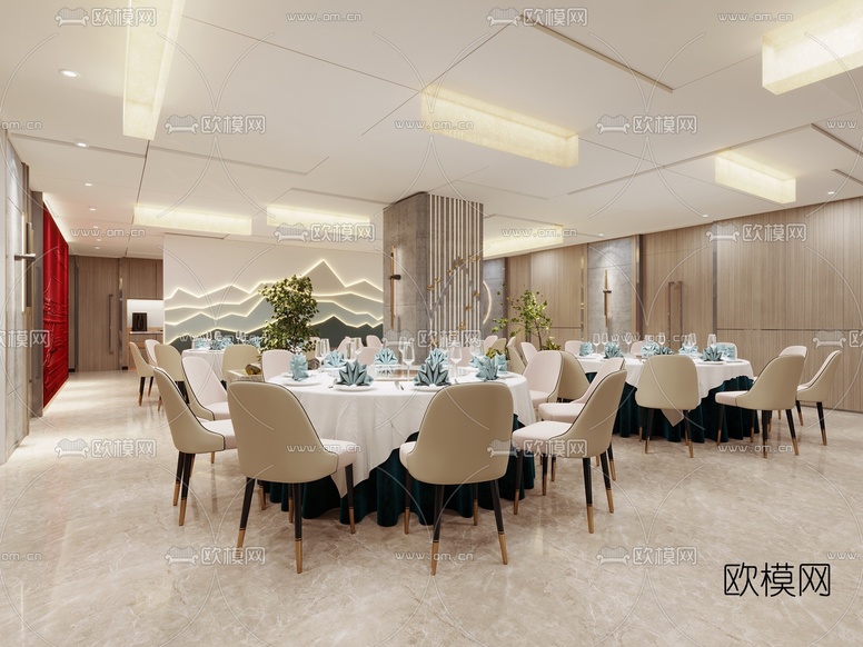 新中式餐厅包房3d模型下载(渲染图1)