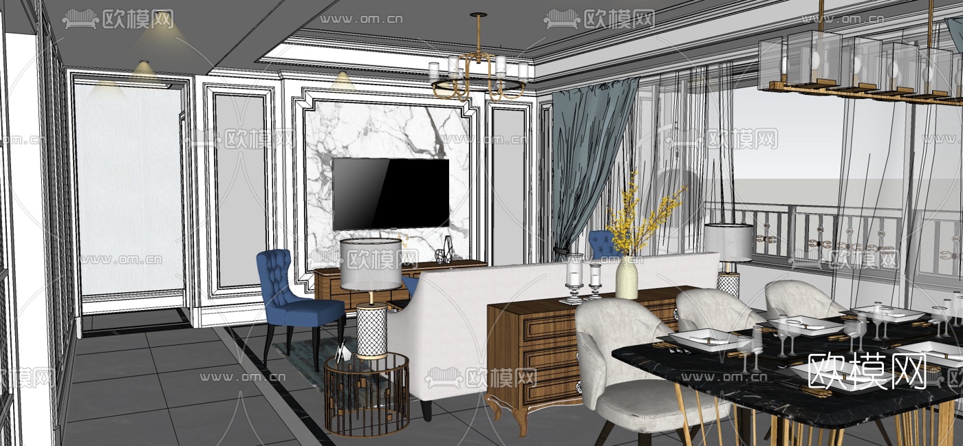 美式轻奢客餐厅su模型下载（渲染图7）
