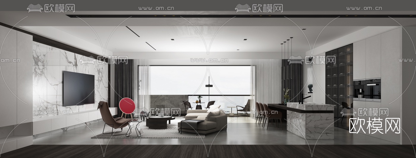 现代高级灰客厅餐厅3d模型下载