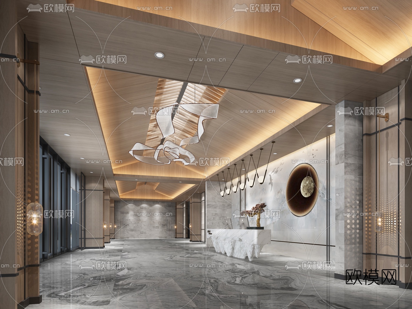 现代售楼处前台大厅接待区3d模型下载（渲染图1）