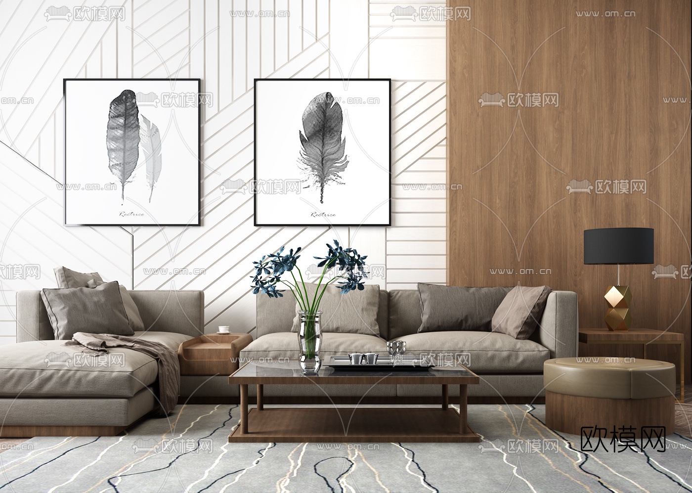 现代转角沙发茶几挂画组合3D模型下载_ID10479197_3dmax免费模型-欧模网