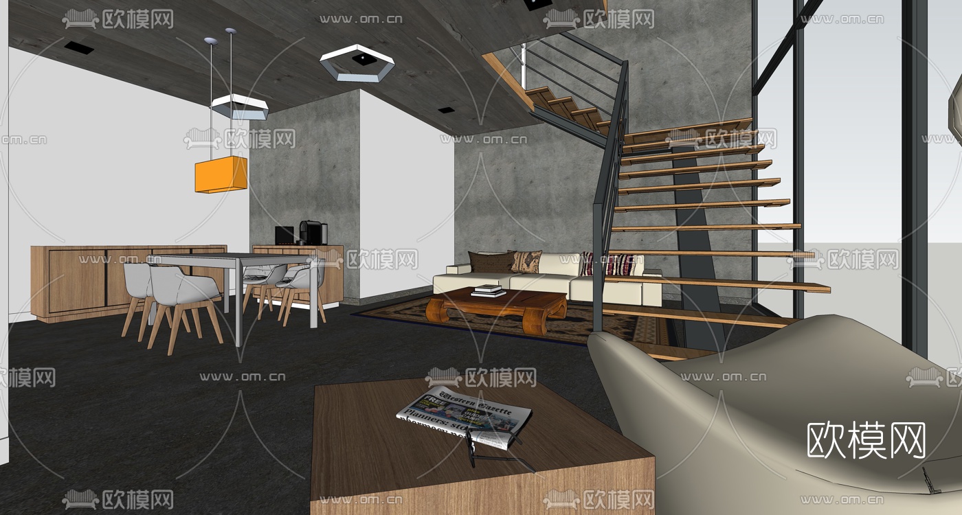 工业风客餐厅su模型下载（渲染图2）