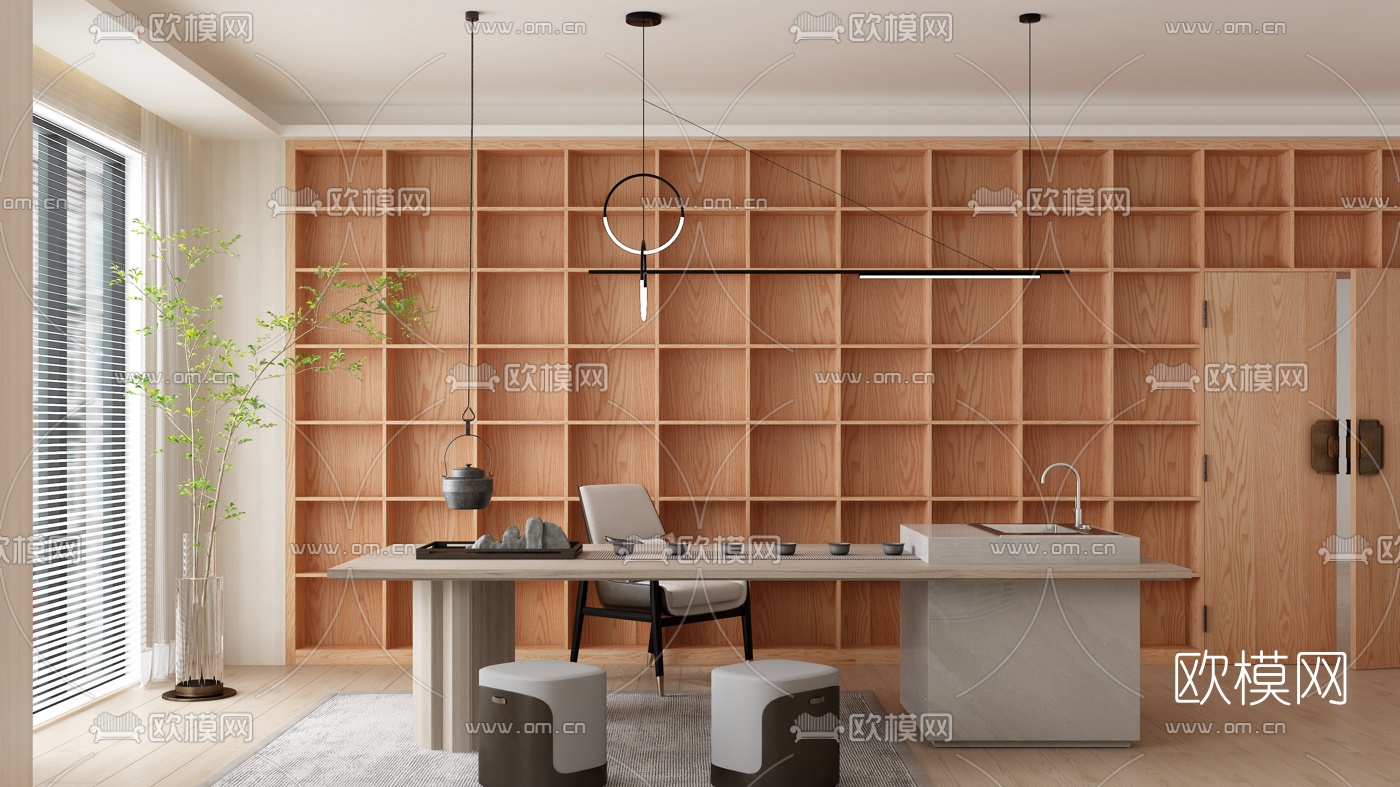 新中式茶室3d模型下载（渲染图1）