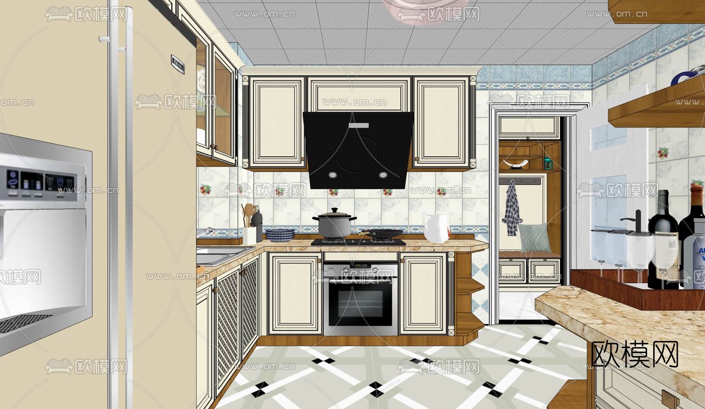 欧式客餐厅su模型下载（渲染图8）