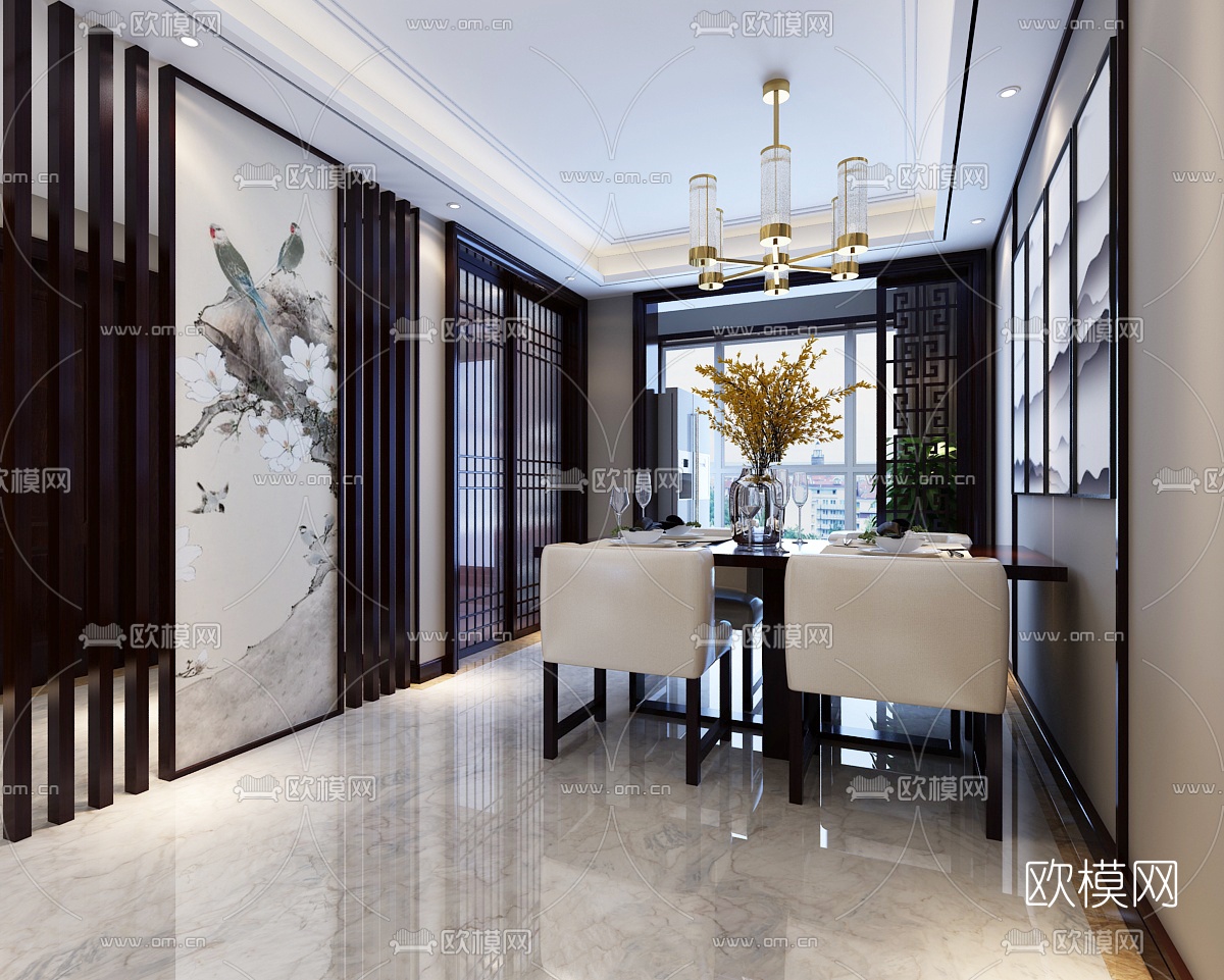 中式客厅餐厅走廊3D模型下载（渲染图5）