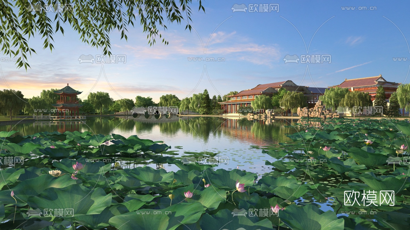 中式荷塘古建园林3d模型
