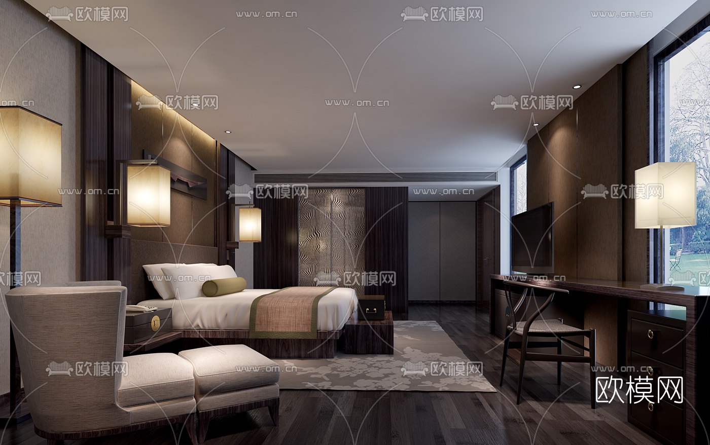 中式酒店客房单人间3D模型-免费3dmax模型库-欧模网