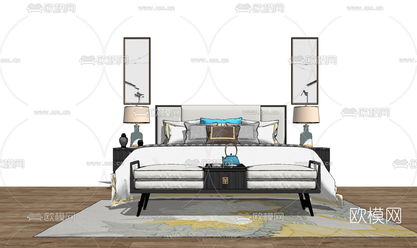 新中式双人床su模型下载（渲染图1）
