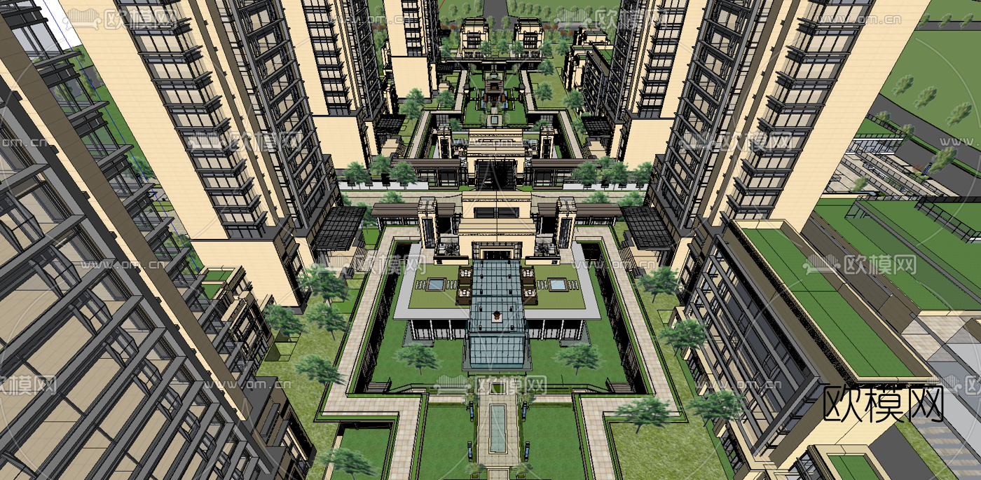 新中式小区规划su模型下载（渲染图5）