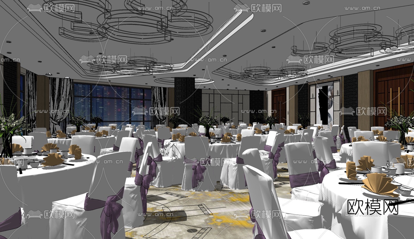 现代酒店宴会厅su模型下载（渲染图1）