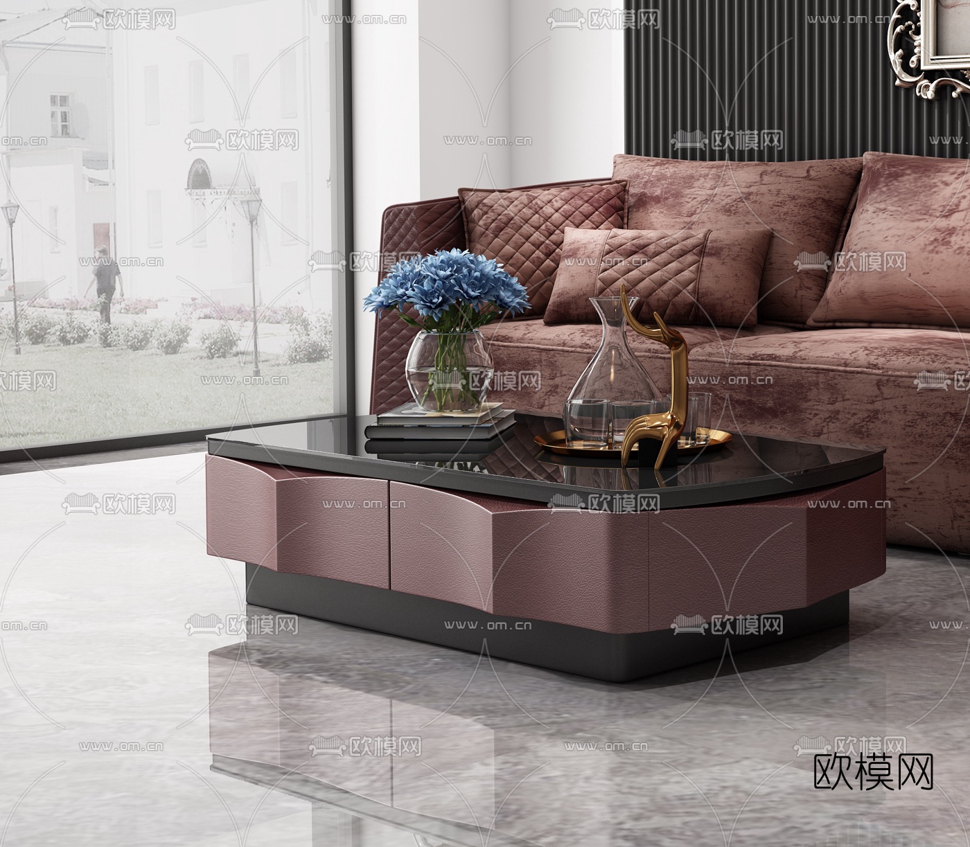 BENTLEY 后现代多人沙发茶几挂画组合3D模型下载（渲染图2）