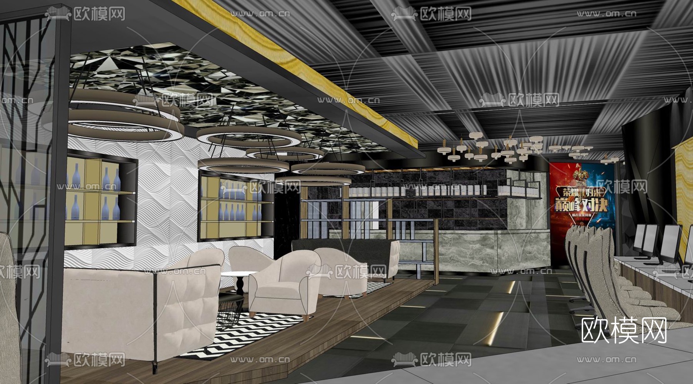 现代网吧su模型下载（渲染图4）