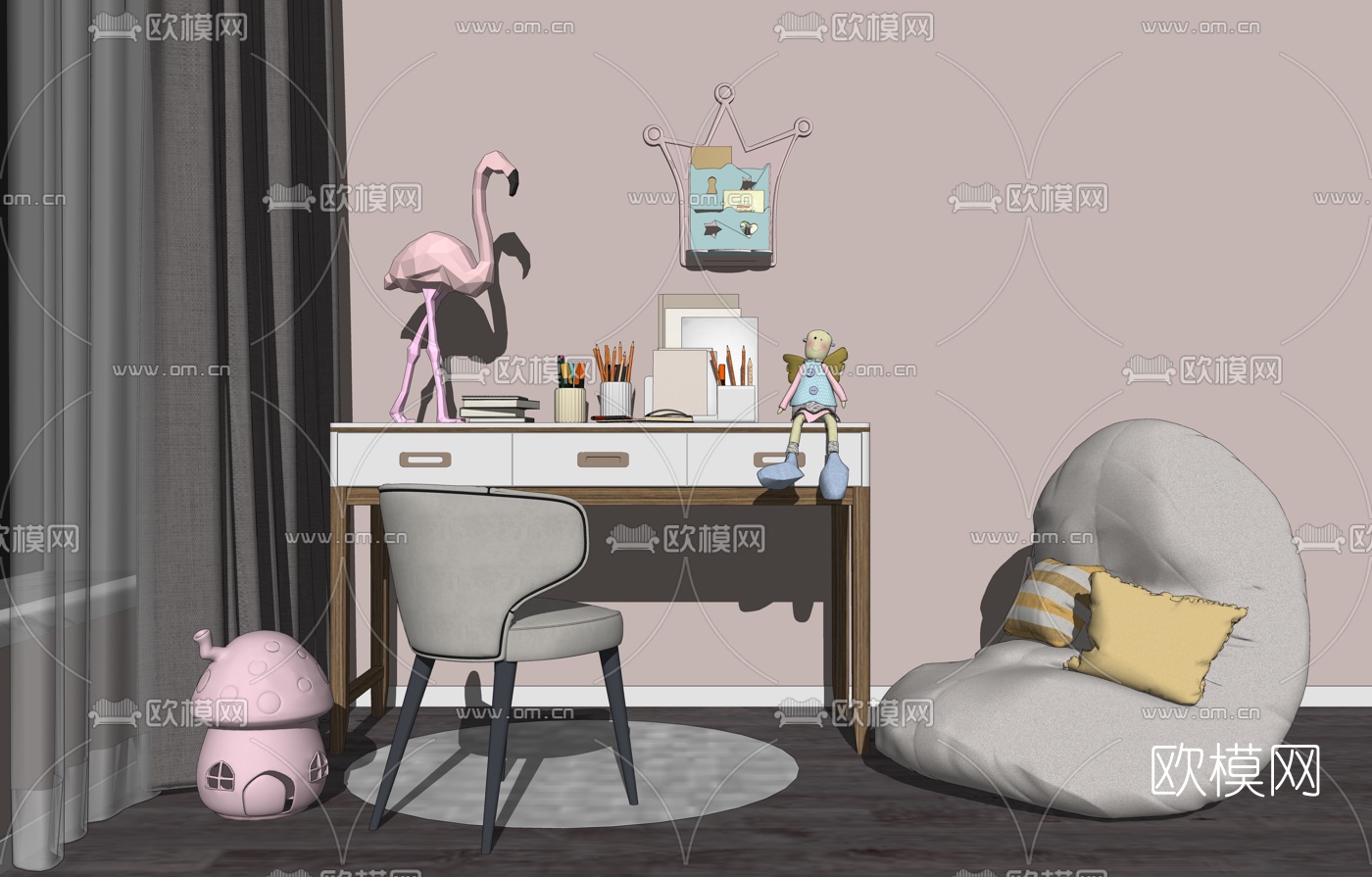 北欧轻奢儿童桌椅su模型下载