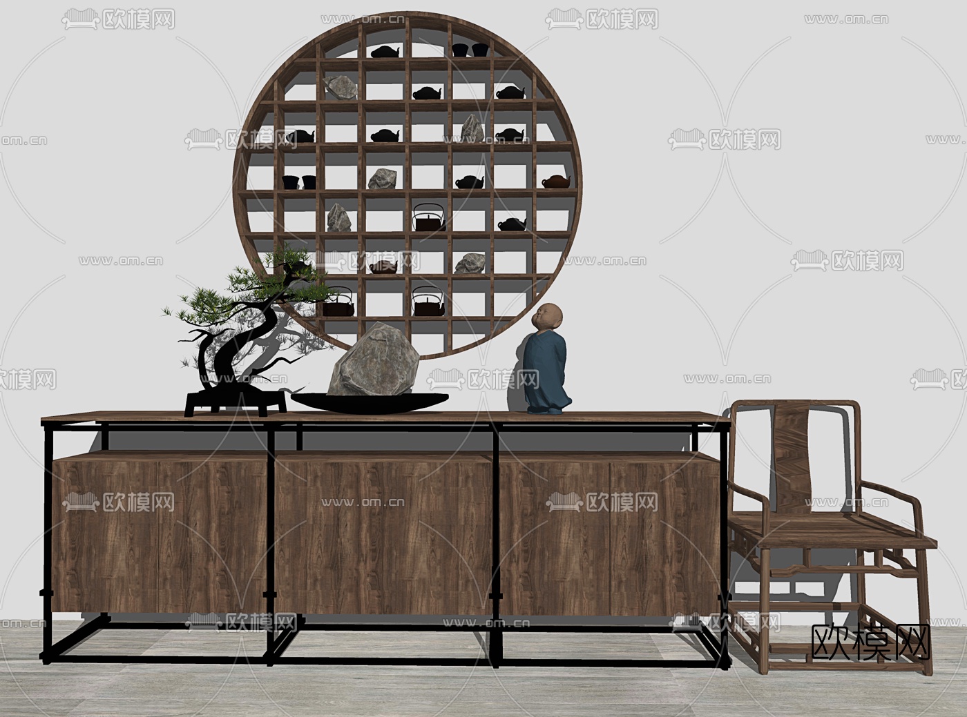 中式实木边柜圈椅su模型下载（渲染图1）