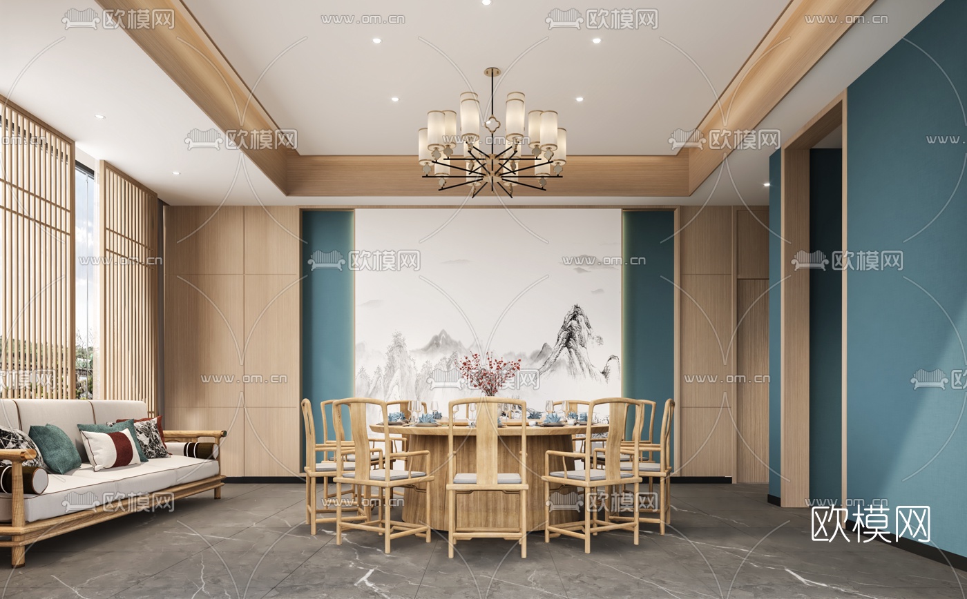新中式酒店餐厅包间3d模型