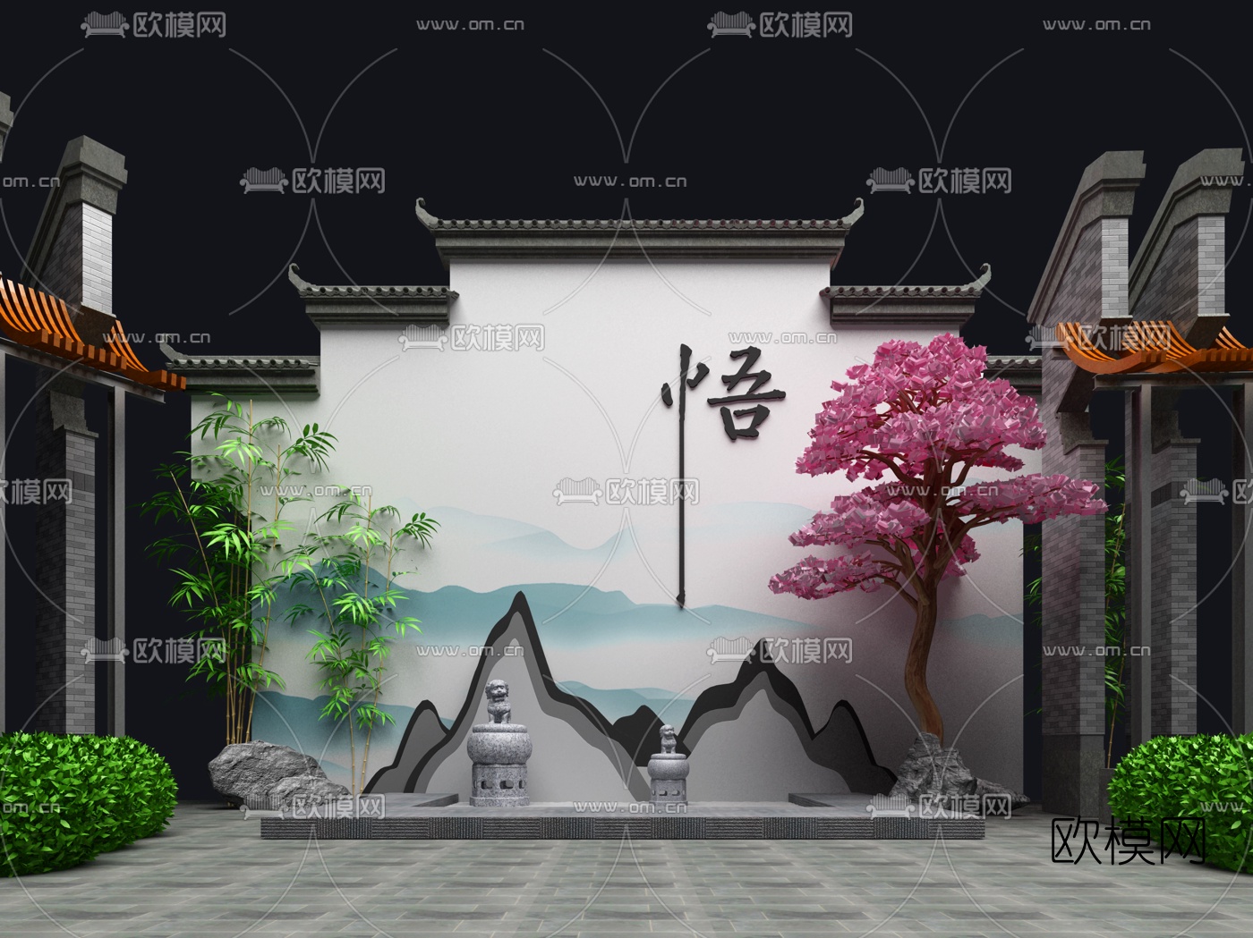 新中式马头墙植物背景墙3D模型