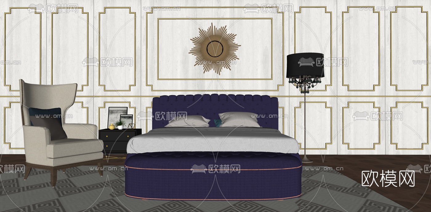 美式布艺双人床组合su模型下载