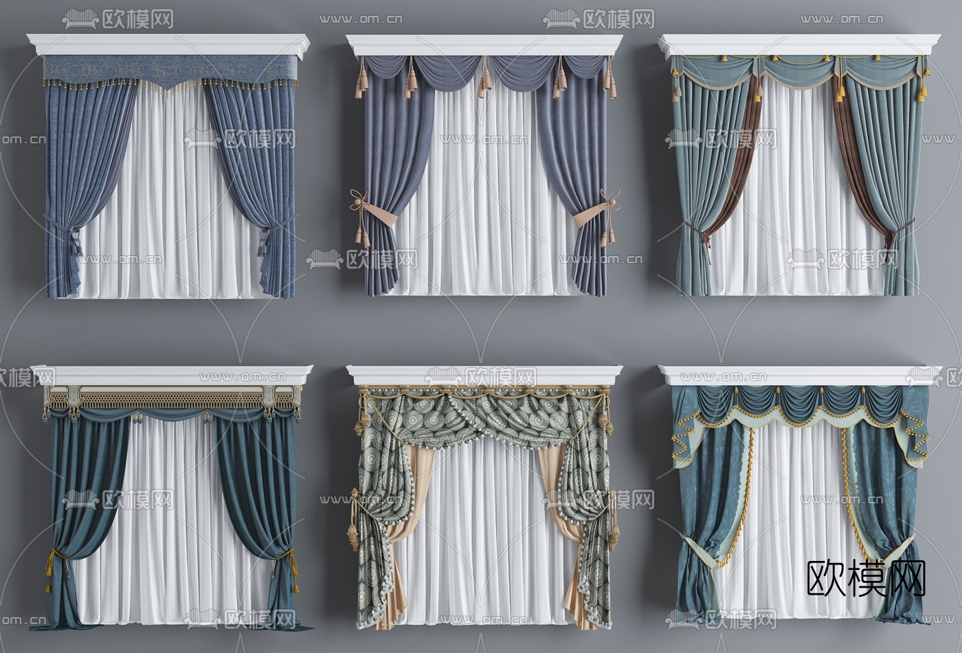 简欧布艺窗帘组合3d模型下载