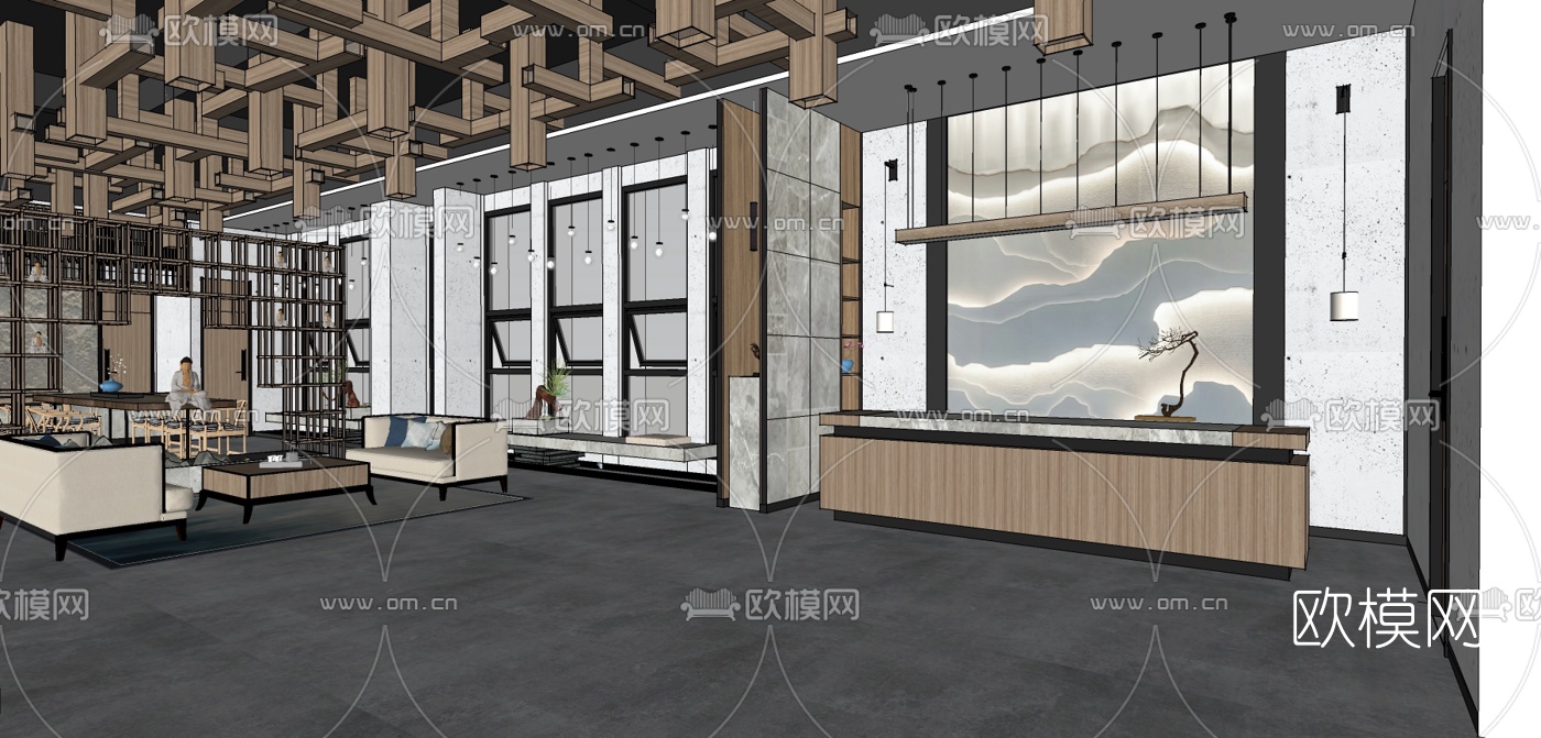 新中式SPA养生会所前台su模型下载（渲染图1）