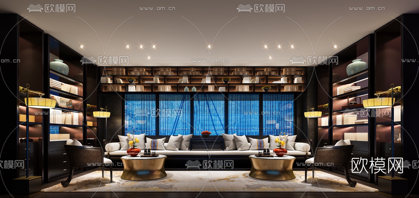 昊泽空间设计 新中式VIP洽谈室3d模型下载（渲染图1）