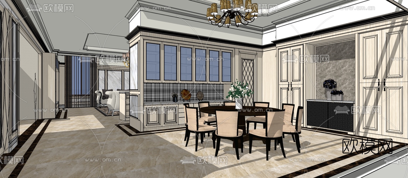 欧式轻奢客厅餐厅su模型