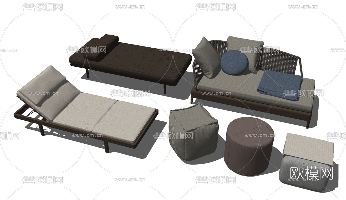 新中式贵妃椅沙发凳组合su模型下载（渲染图2）