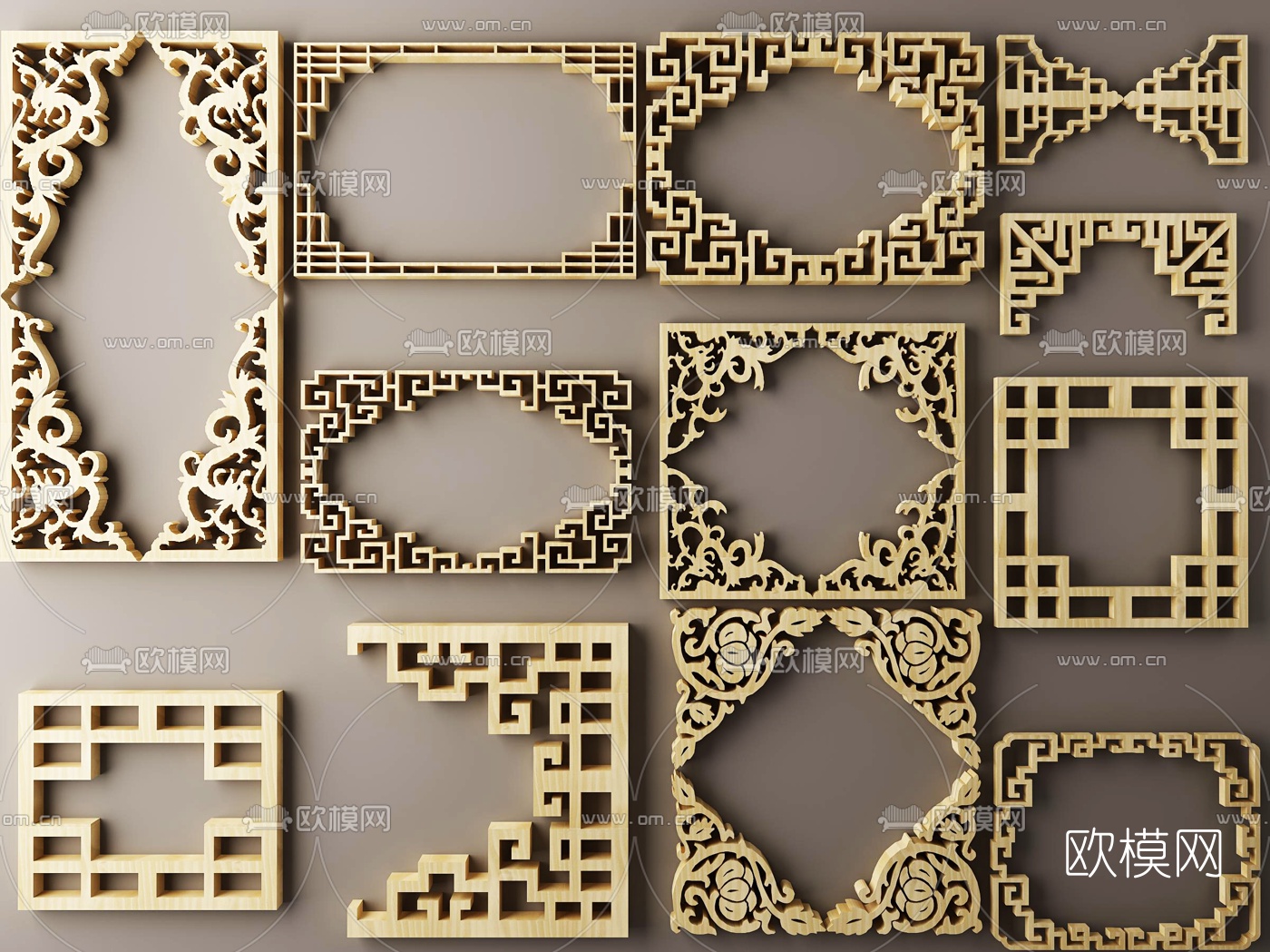 木質雕花窗格3d模型下載