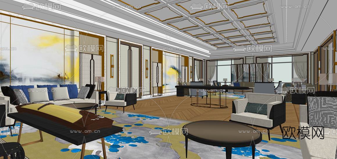 新中式会客厅su模型下载（渲染图4）