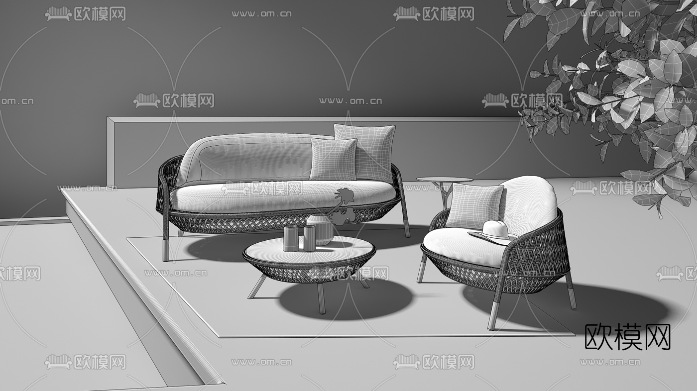德国DEDON品牌 现代藤编户外休闲沙发组合3D模型下载（渲染图2）