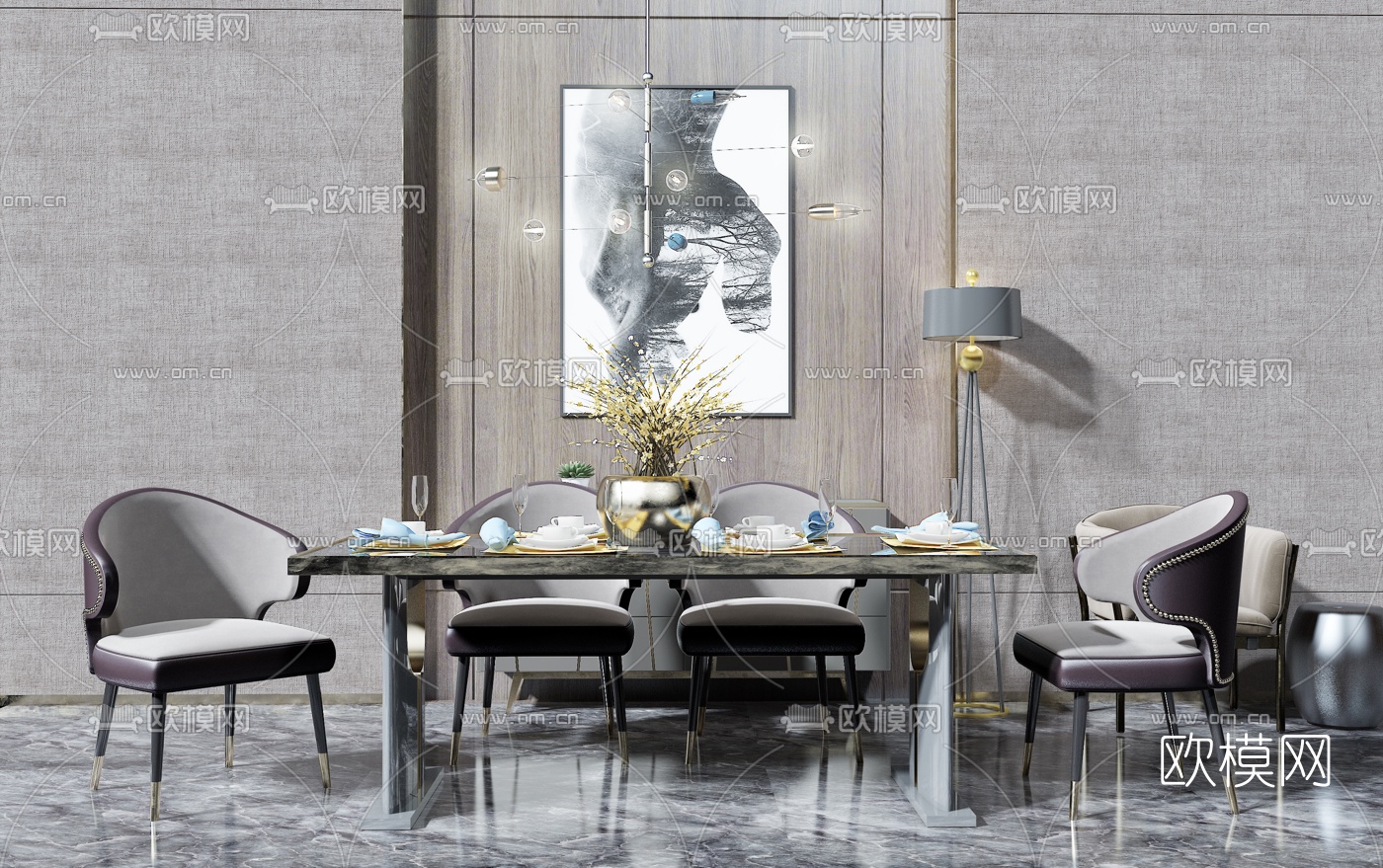 现代轻奢餐桌椅3d模型下载（渲染图2）