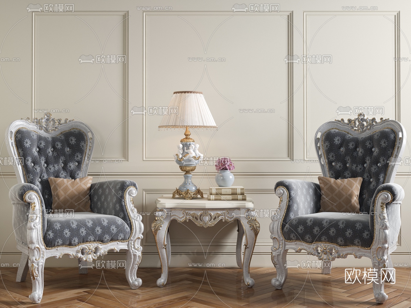 法式单椅边几摆件组合3D模型下载