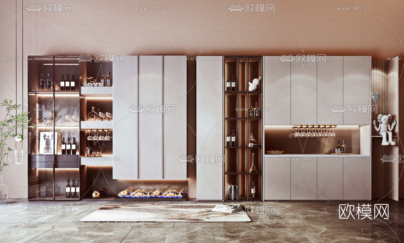 现代轻奢酒柜su模型下载（渲染图1）