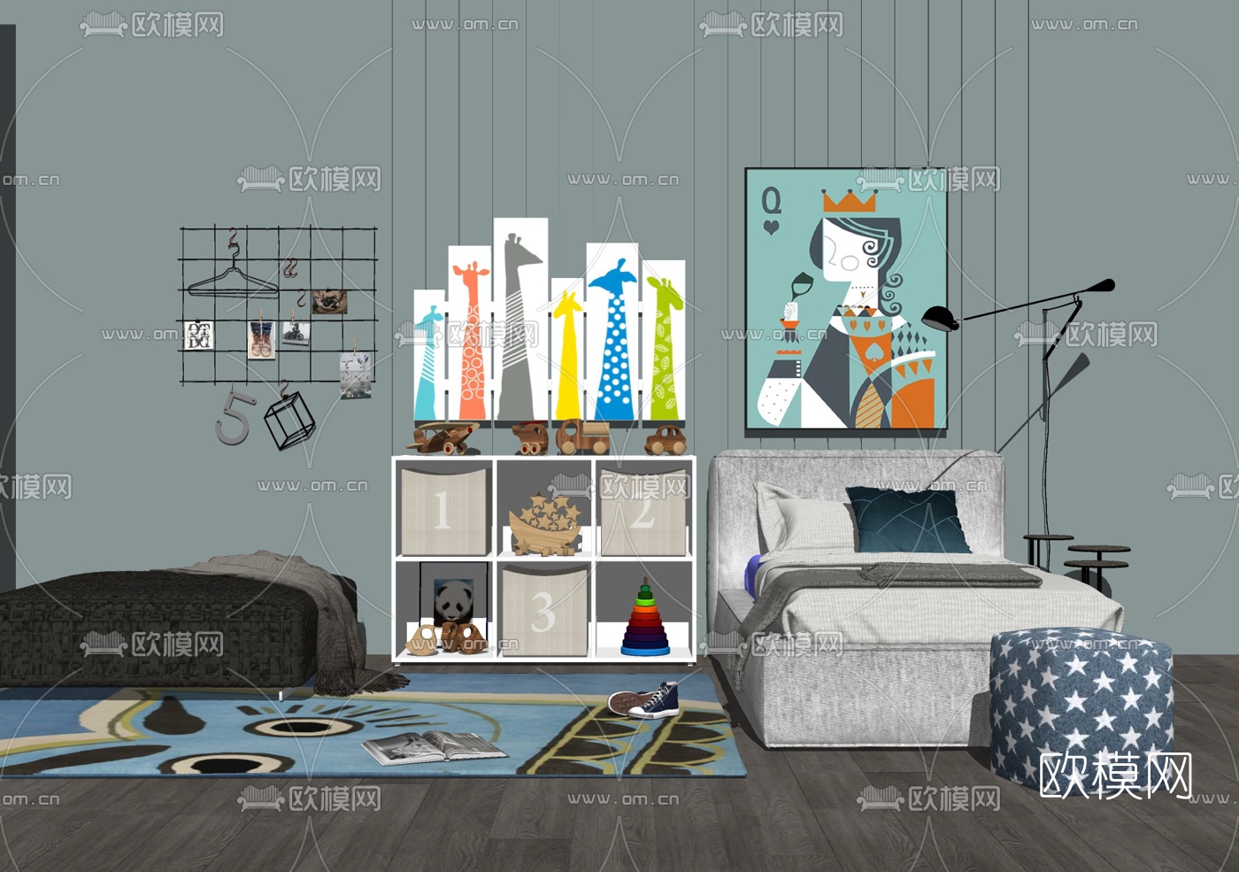 现代儿童床儿童柜玩具组合su模型下载