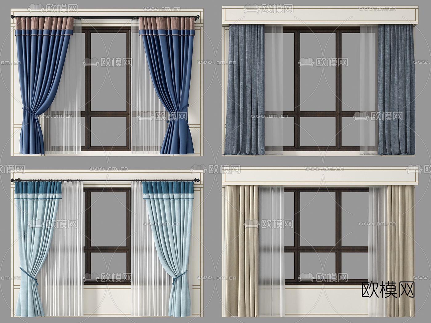 简欧布艺窗帘组合3d模型下载