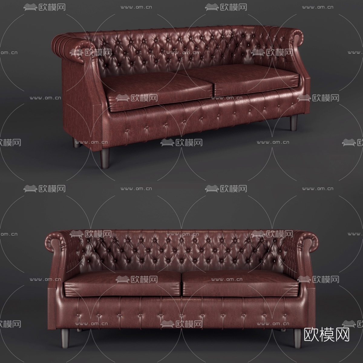 欧式皮革双人沙发3d模型下载（渲染图1）