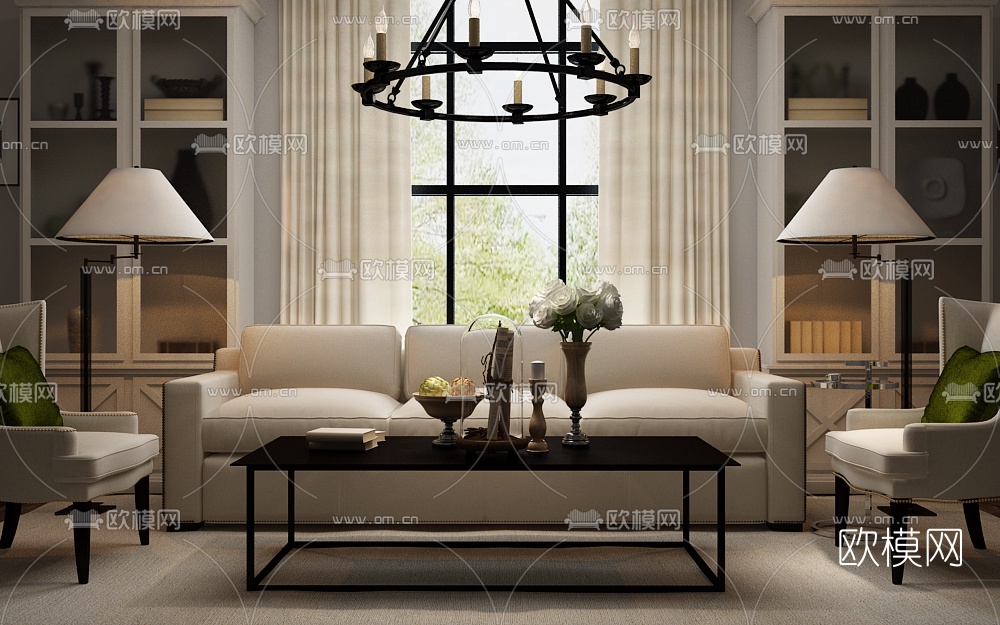 简欧布艺沙发茶几吊灯落地灯边柜摆件3D模型下载