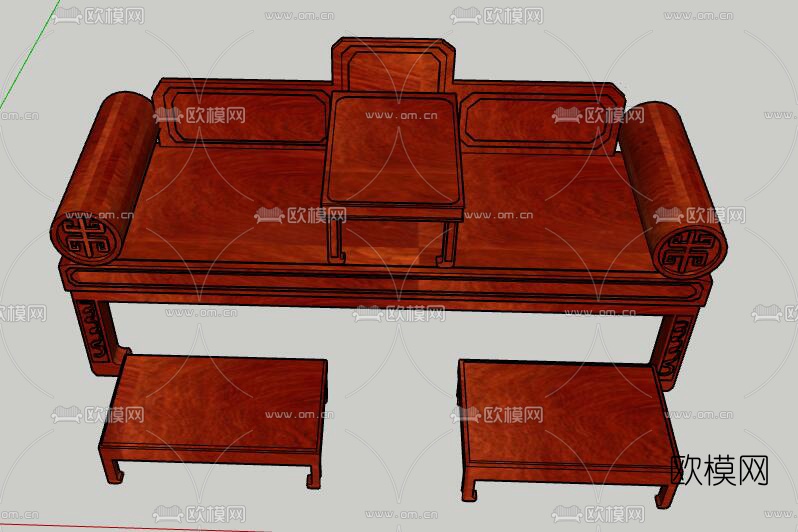 中式实木罗汉床su模型下载（渲染图2）