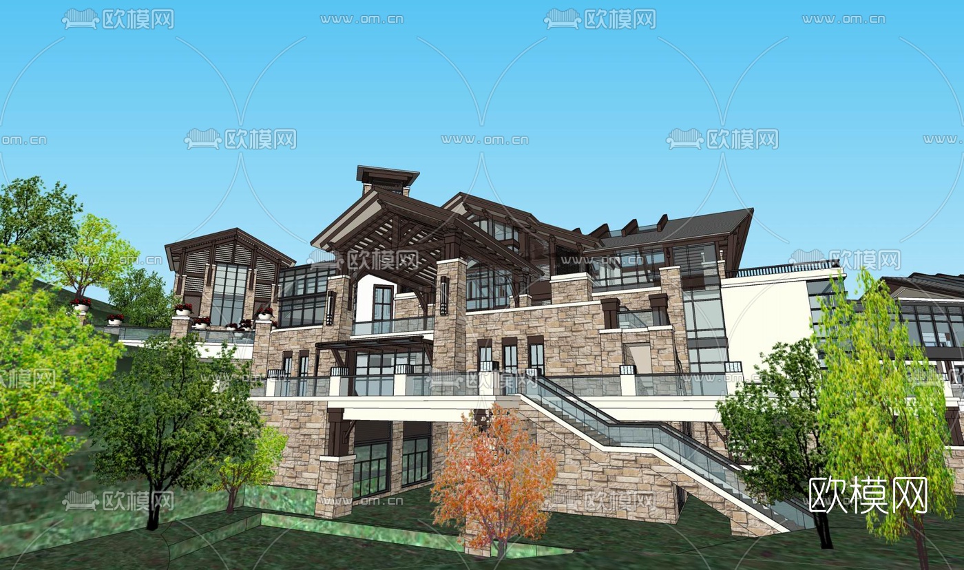 东南亚山地滨水酒店su模型下载（渲染图6）