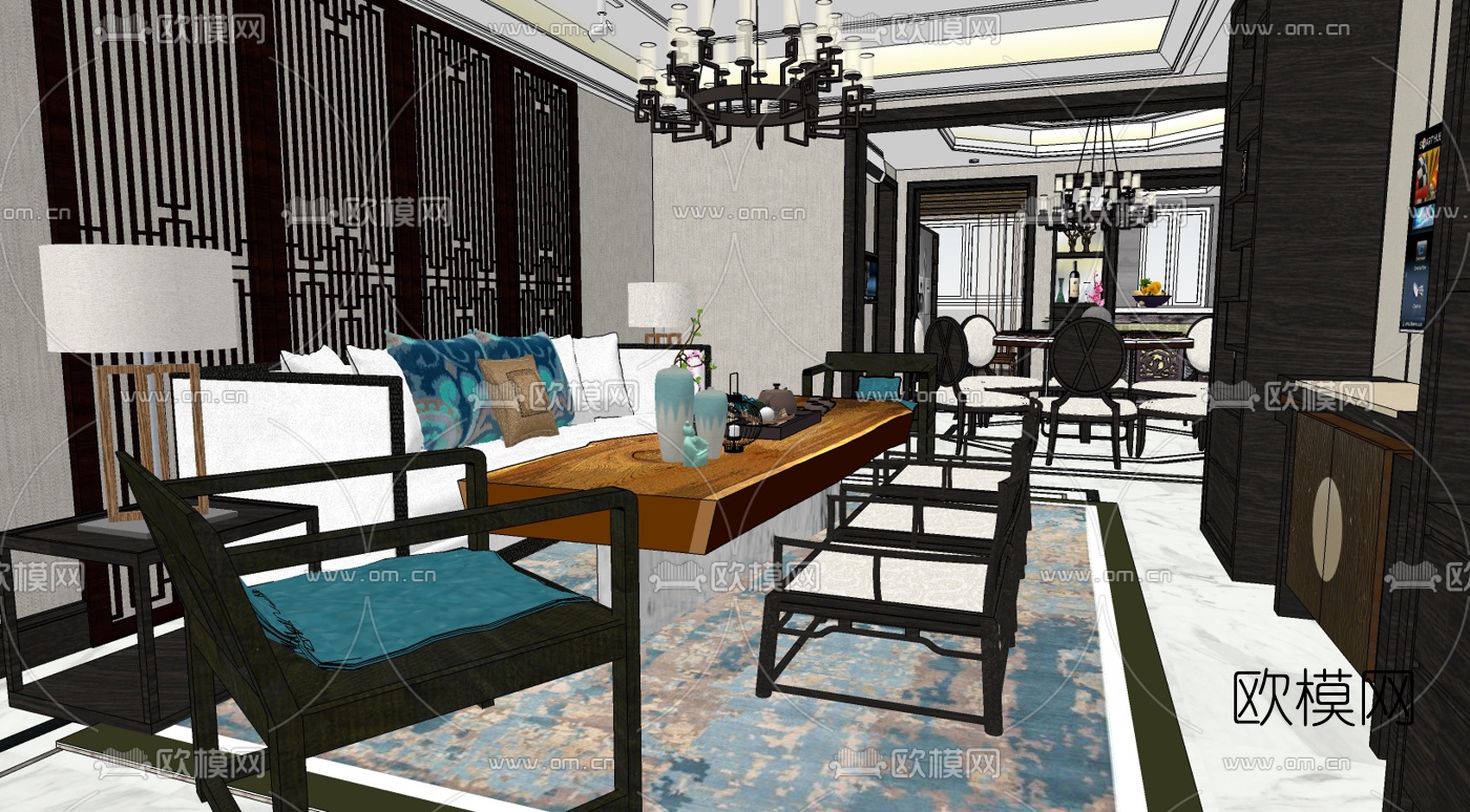 新中式客餐厅免费su模型下载（渲染图2）