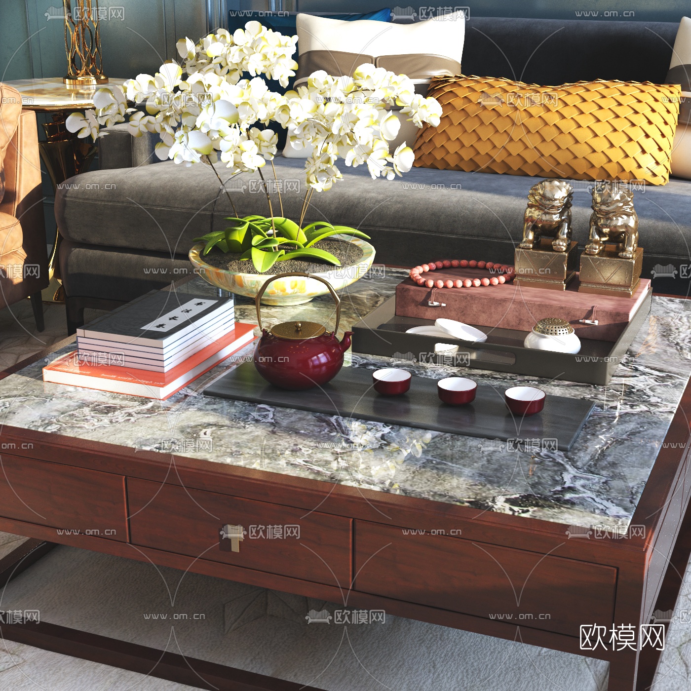 新中式茶几茶具盆栽组合3d模型下载（渲染图1）