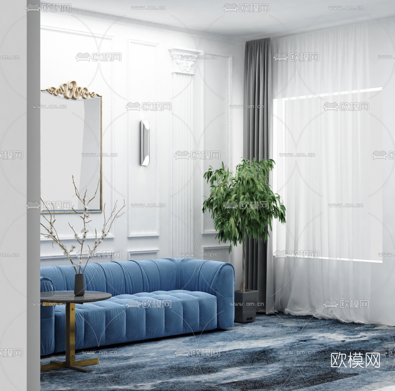 简欧布艺双人沙发3d模型下载（渲染图1）