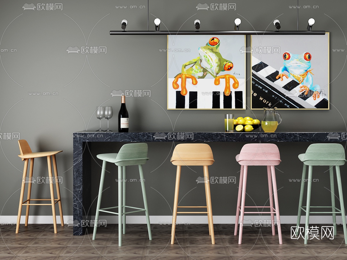 现代吧台吧椅吊灯装饰画组合3D模型下载